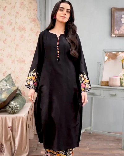 Black Elegance - Embroidered Long Shirt 2pc